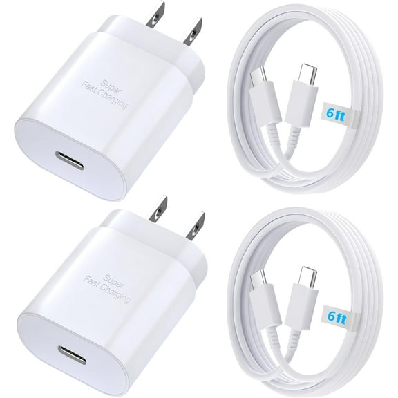 2 Pack Original Super Fast Adaptive Wall Adapters 25W Charger for Samsung Galaxy S10 with 2 Pack 6.6FT USB C PD Charging Cables - White