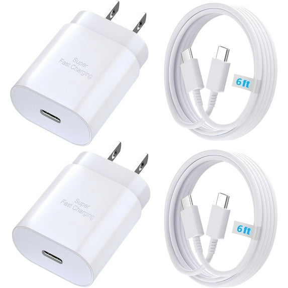 2 Pack Original Super Fast Adaptive Wall Adapters 25W Charger for Samsung Galaxy A52 with 2 Pack 6.6FT USB C PD Charging Cables - White