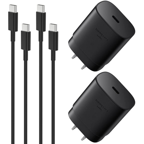 2 Pack Original Super Fast Charging Adaptive Wall Adapter 25W Charger for Samsung Galaxy A32 5G [2x 25W Wall Plug + 2x 4FT USB C PD Cables] - Black (US Version)