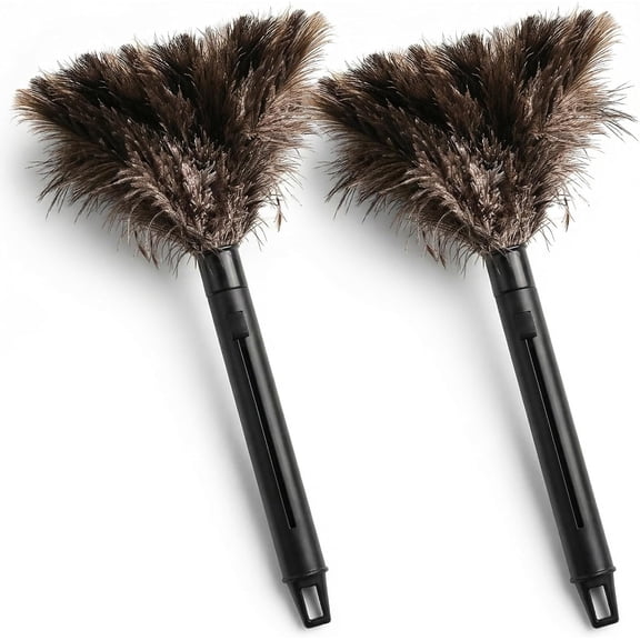 2 Pack Ostrich Feather Duster, 15 Inch Fluffy Natural Feather Duster, Soft-Feather Mopping with Plastic Handle, Extensible Ostrich Feather Cleaning Supplies for Keyboard, Home, Car, Office