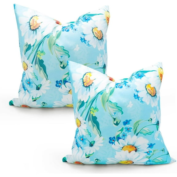 2 Pack Oudtdoor Throw Pillow Covers 18x18, Summer Decorative Square Pillow Covers for Home Sofa Couch Bedroom Garden Balcony Hallway Decor (Teal Daisy, 18x18)