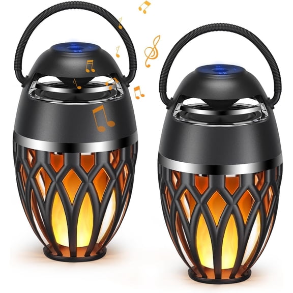 2 Pack Outdoor Bluetooth Speakers with Flame Flickers Light IPX5 Waterproof