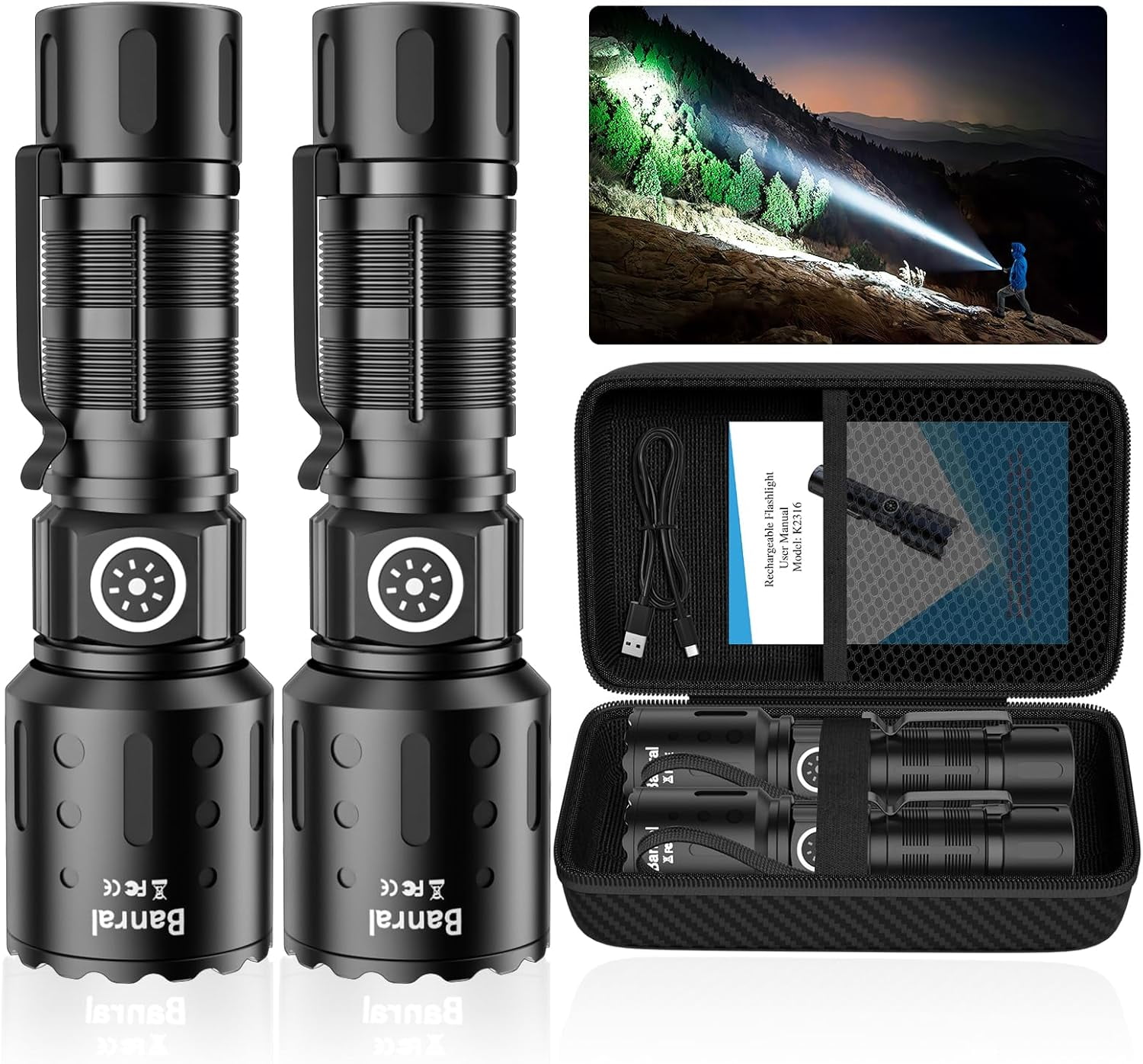 2 Pack Outdoor Camping Rechargeable Flashlights,High Lumens LED Waterproof Flash Light with Memory Function  for Camping,Emergency