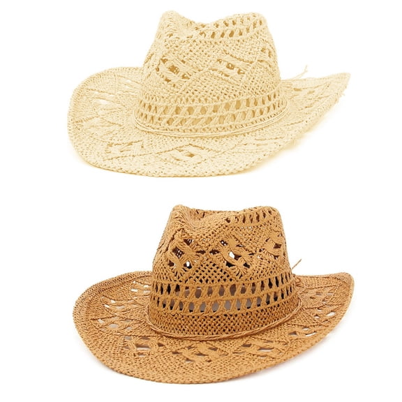2 Pack Outdoor Couple Hat Travel Sunscreen hat Western Cowboy Straw Hat Hand Woven Sun Hats for Women Men, Camping Beach Vacation Essentials Dad Gifts (Multi-color)