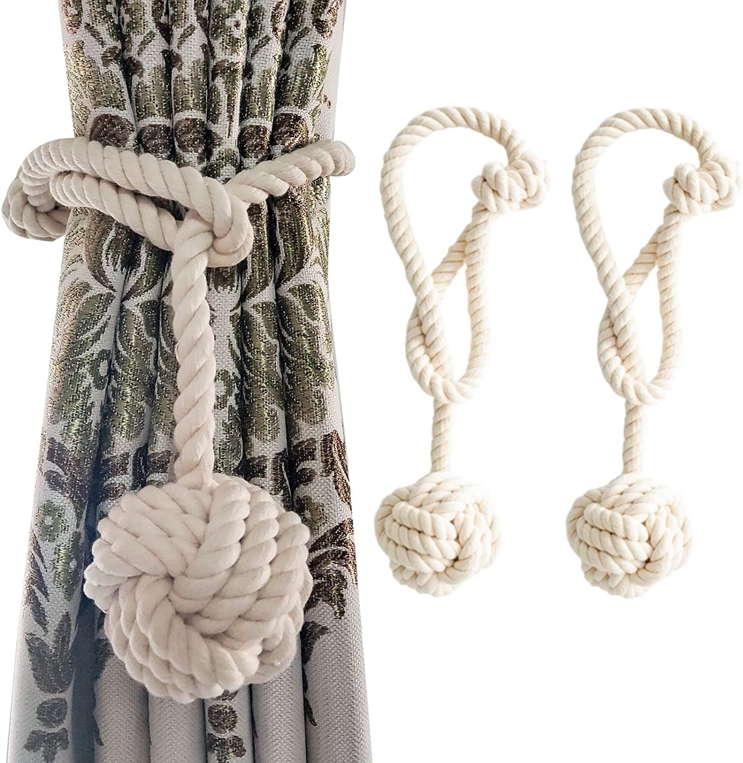 2 Pack Outdoor Curtain Tiebacks Rope, Natural Cotton Curtain Tiebacks