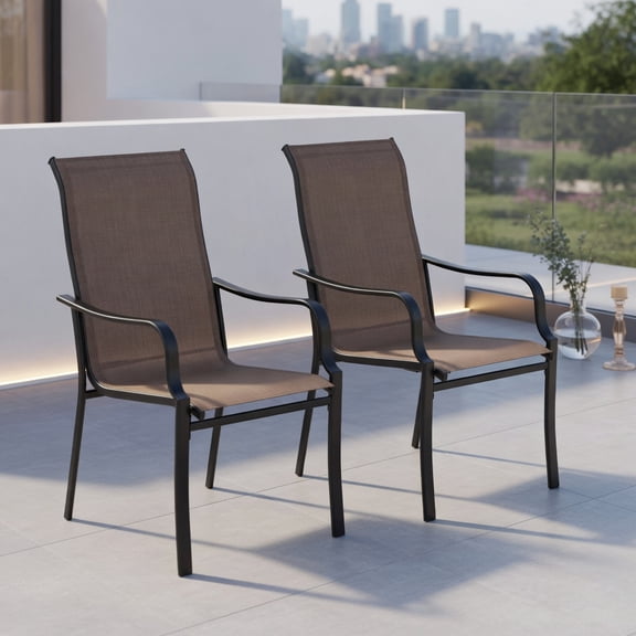 2-Pack Outdoor Dining Chairs - Wide Seat, Heavy-Duty Steel Frame, Breathable Mesh Back, 330 lb Capacity, Brown & Black Patio Chairs for Deck, Garden, Porch