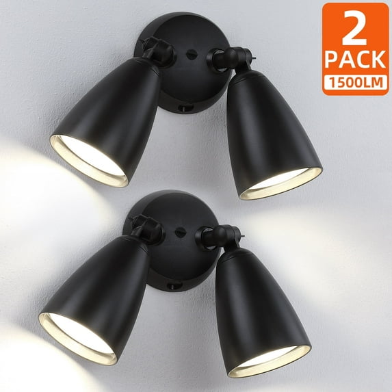 2 Pack Outdoor Flood Light Fixtures With Dual Adjustable Heads,1500lm Exterior Spotlights,Dual Control-Switch/ Dusk-to-Dawn,IP54 Waterproof,4000K Security Lights(10W PAR38 LED Bulbs Included)