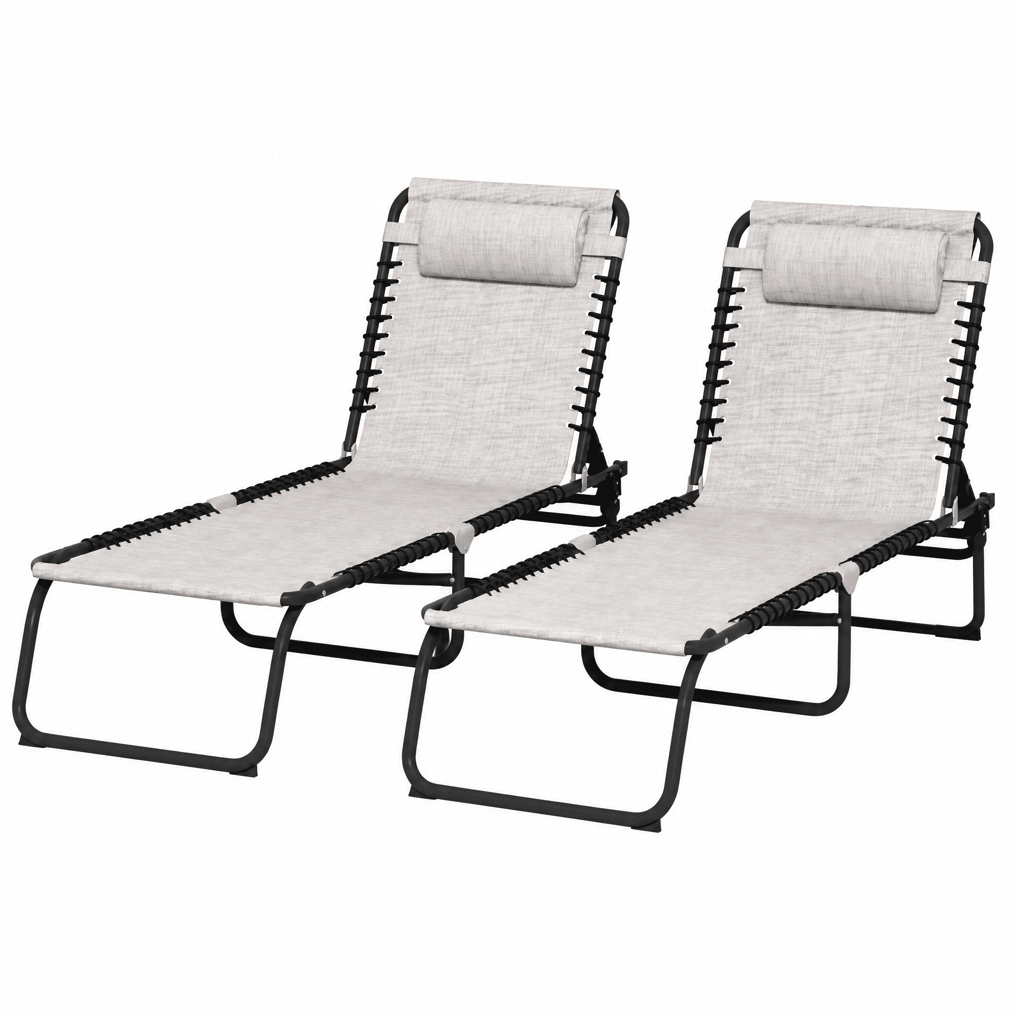 2-Pack Outdoor Folding Chaise Lounge Chairs 4-Position Backrest & 2-Position Footrest Cream White Mesh Reclining Loungers with Steel Frame for Pool Beach Camping