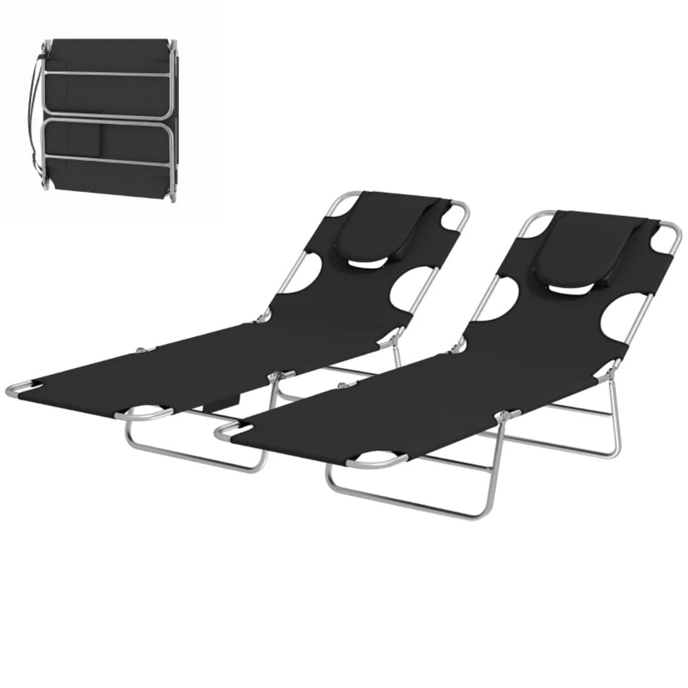 2-Pack Outdoor Folding Sun Lounger Set 5-Position Adjustable Backrest Face Cavity & Arm Slots Side Pocket Carry Strap Weather-Resistant Oxford Fabric for Beach Pool Patio