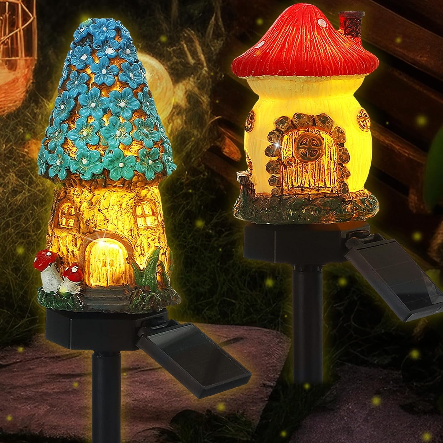 2 Pack Outdoor Garden Mushroom Fairy House Solar Light Home Statue LED ...