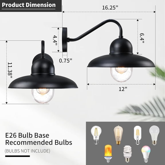 2 Pack Outdoor Gooseneck Barn Light Fixture, 12 inch Industrial Outside Exterior Wall Sconce, Rustic Wall Mount Lighting for House, Porch , Entryway, Garage, Seed Glass Shade include. BD066-1-BK2