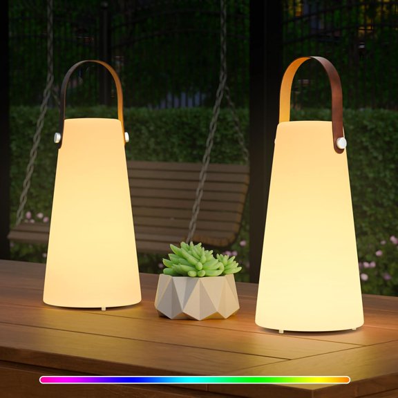 2 Pack Outdoor Lamps, Rechargeable Outdoor Lanterns Table Lamp with IP44 Waterproof, Battery Operated Portable Hanging Cordless Outdoor Lamp RGB Colors for Patio Camping Balcony Porch