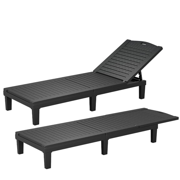2 Pack Outdoor Lounge Chairs, 5-Position Adjustable Backrest Reclining Sun Lounger Set of 2, Weather-Resistant PP Patio Pool Furniture with Carry Handle, Stackable, Easy Assembly, Matte Black
