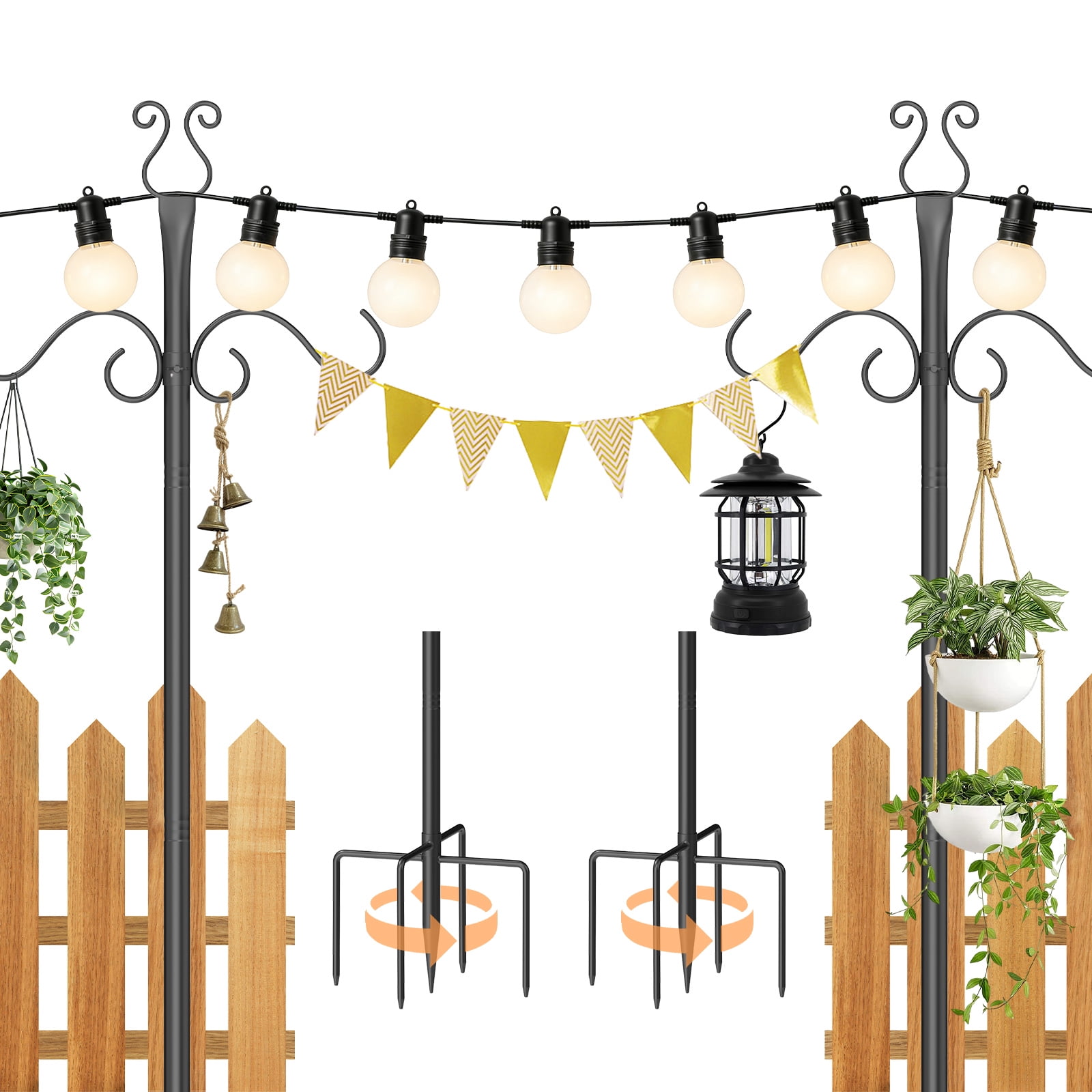 2 Pack Outdoor Patio Light Poles for String Lights, 10Ft Heavy Duty Metal Hanging Poles with Shepherd Hooks for Deck, Garden, Backyard – for Hanging Plants, Bird Feeders & Outdoor Lights