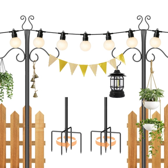2 Pack Outdoor Patio Light Poles for String Lights, 10Ft Heavy Duty Metal Hanging Poles with Shepherd Hooks for Deck, Garden, Backyard – for Hanging Plants, Bird Feeders & Outdoor Lights