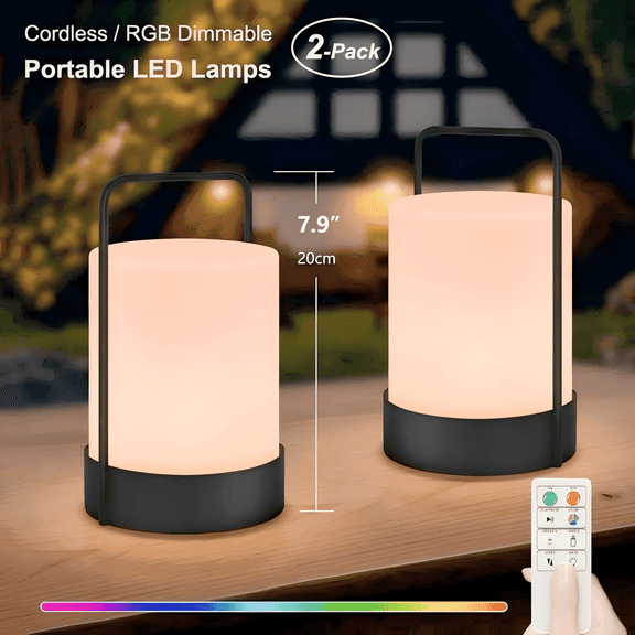 Postlucky 2 Pack 8" Cordless LED Lantern Lamp Dimmable RGB Color with Remote Control,Metal Handle,USB Charging for Home/Indoors/Outdoors