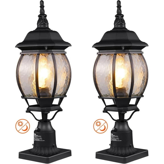 2 Pack Outdoor Post Light, Dusk to Dawn 22.64'' Large Size, Waterproof Lamp Post Lights Fixtures with 5.5 in Pier Mount Base Glass Shade, Exterior Pole Column Light for Patio Garden Pathway