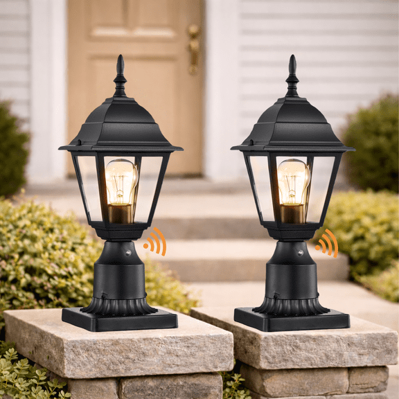 Outdoor Post Lights with Dusk to Dawn Sensor, Pier Mount Lanterns, 2-Pack Black Die-Cast Aluminum, E26 Base, for Porch & Driveway