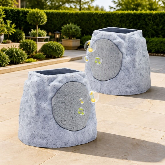2 Pack Outdoor Rock Speakers, and USB Rechargeable, Waterproof IP44 with RGB Lights, Multi- Sync for Patio Pool Yard Garden