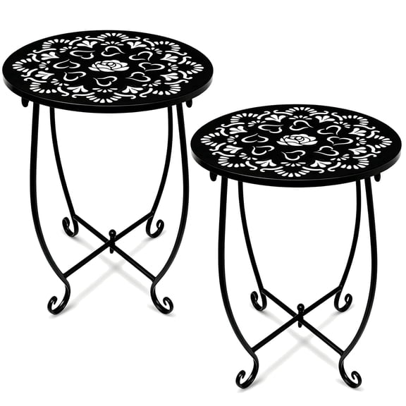 2 Pack Outdoor Side Table, 14 Inch Small Round Outdoor End Table Metal Side Table, Weather Resistant Steel Patio Side Table for Patio Yard Balcony Garden Black