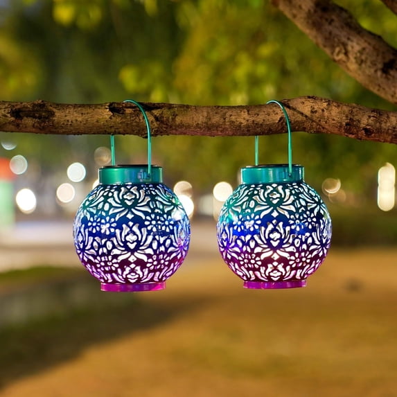 2 Pack Outdoor Solar Hanging Lantern Lights Metal LED Decorative Lamp ...