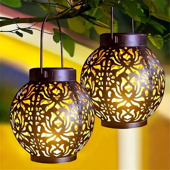 2 Pack Outdoor Solar Hanging Lantern Lights Metal LED Decorative Lamp for Garden Patio Courtyard Lawn and Table with Hollowed-Out Design
