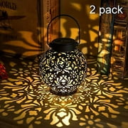 2 Pack Outdoor Solar Hanging Lantern Lights Metal LED Decorative Light for Garden Patio Courtyard Lawn and Tabletop with Hollowed-Out Design. Bronze Color.