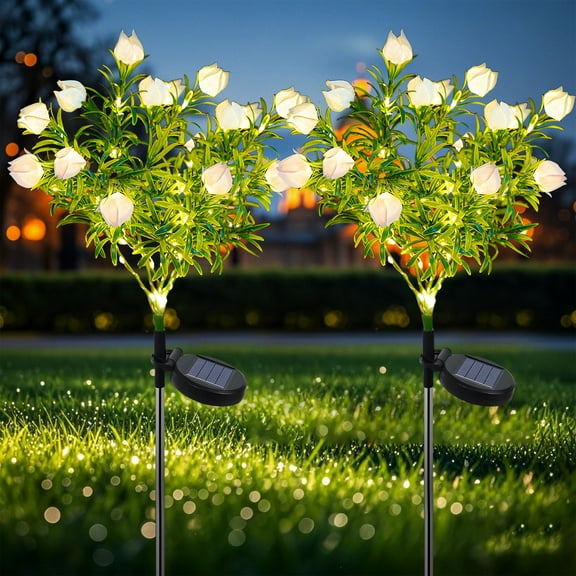 Rirool Solar Garden Lights 2 Pack - 11 LED Gardenia Flower Stake Lights, IP65 Waterproof, 8-12H Auto On/Off for Pathway, Patio,Yard Dcor
