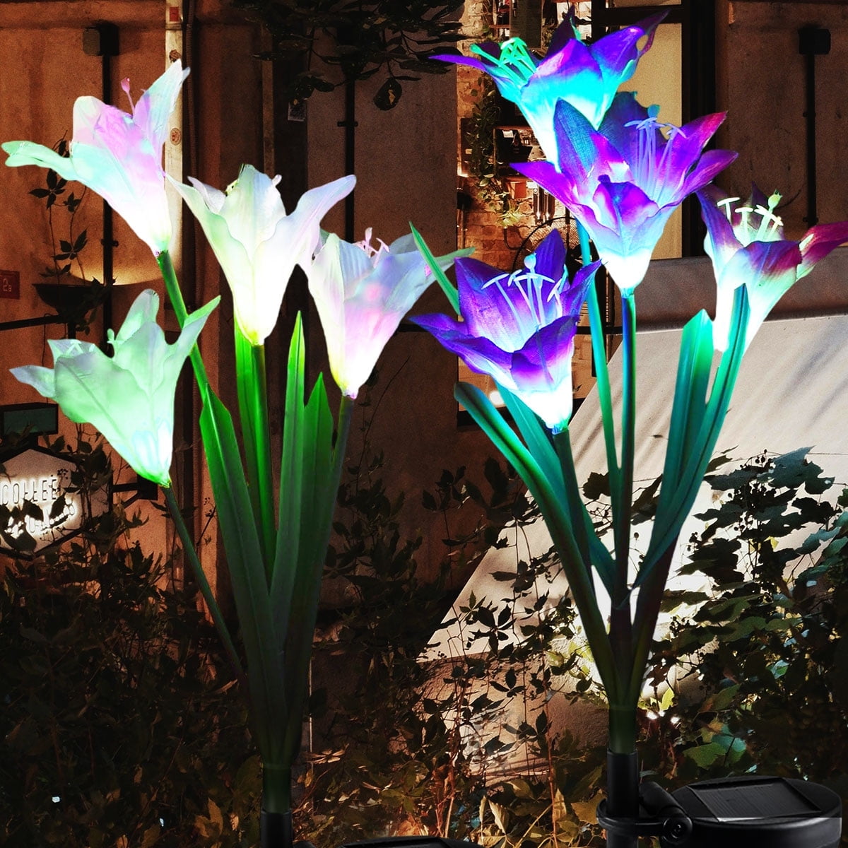 2 pack Outdoor Solar Lights, Solar Garden Lights with 8 Lily Flowers, Color Changing LED Decorative Landscape Light for Patio, Yard, White and Purple