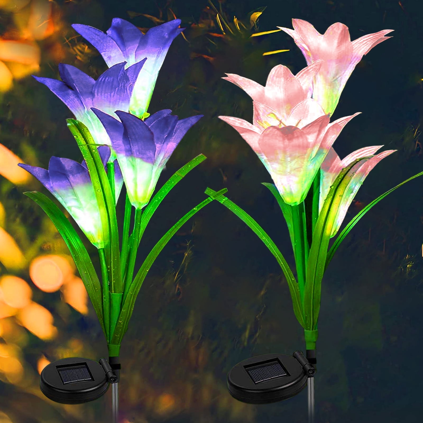2 Pack Outdoor Solar Lights, Solar Garden Lights with 8 Lily Flowers, Color Changing LED Decorative Landscape Light for Patio, Yard