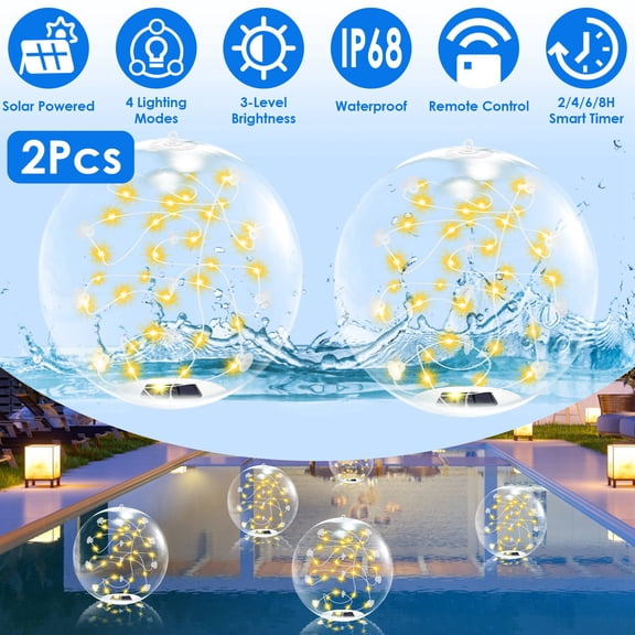 2 Pack Outdoor Solar Pool Lights, LED Light Up Balls with Remote, 3200K Warm Glow, 3 Lighting Modes & 4-Level Brightness & Auto On at Dusk, IP68 Waterproof, Perfect for Garden, Pool, Beach & Party