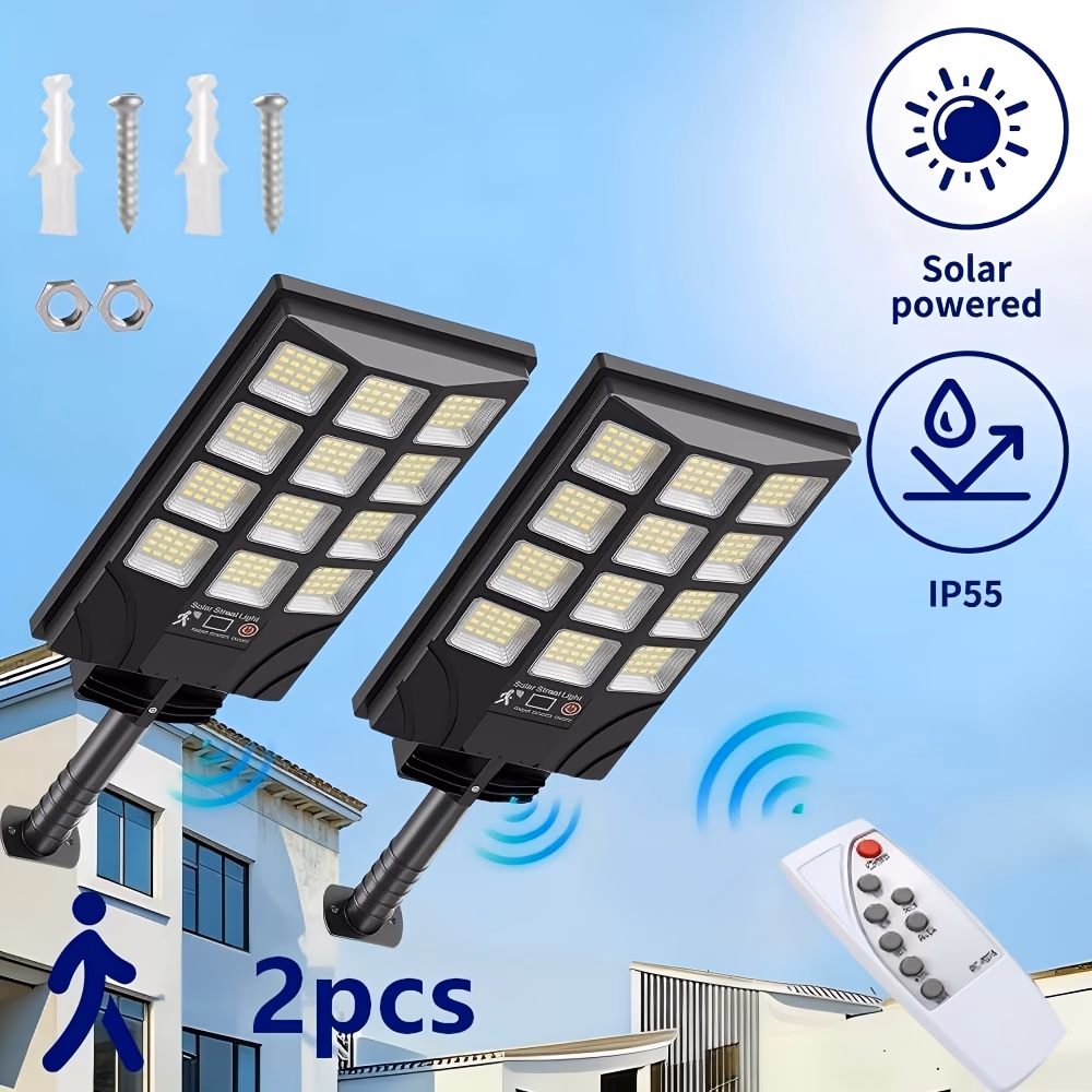 2 Pack Outdoor Solar Street Light, Built-in LED Beads, IP Waterproof Motion Sensor Solar Flood Light with Remote Control, Dusk to Dawn Commercial Lighting for Parking Lots, Courtyards, Parks and Stre