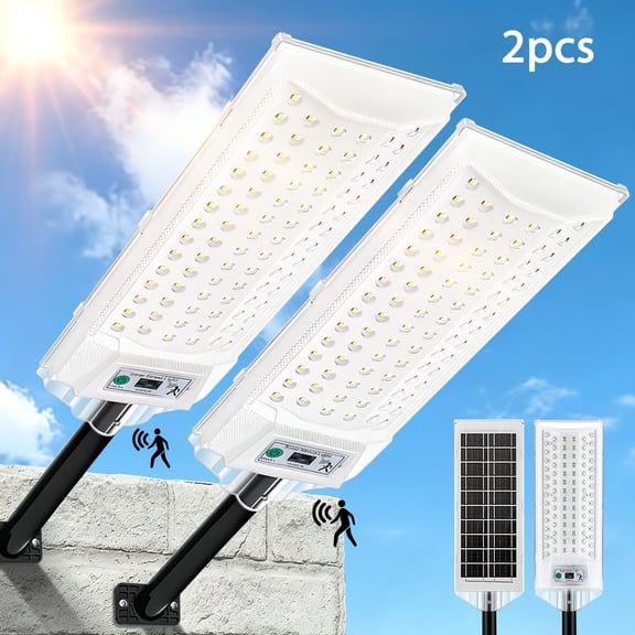2 Pack Outdoor Solar Street Lights, 13000LM 6500K, IP65 LED Flood Light with Motion Sensor, Dusk to Dawn Auto On/Off for Parking Lot, Courtyard and Driveway