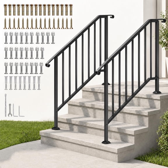 2-Pack Outdoor Stair Handrails, Black Steel Step Railing for Porch & Deck - Durable Metal Support - Fits 4 Steps