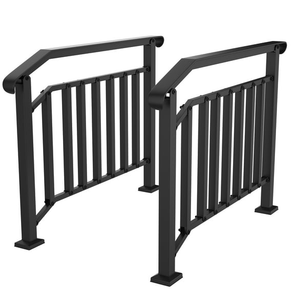 2-Pack Outdoor Step Handrails -  Galvanized Steel Stair Railings for Porches, Decks & Commercial Entrances (Black)
