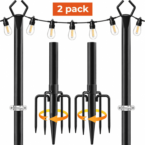 Pinshey® 2 Pack String Light Poles for Outside, Metal Outdoor String Light Poles for Hanging Lights, Light Pole for Backyard, Patio, Deck, Garden, Parties, Ground & Fence Mounting