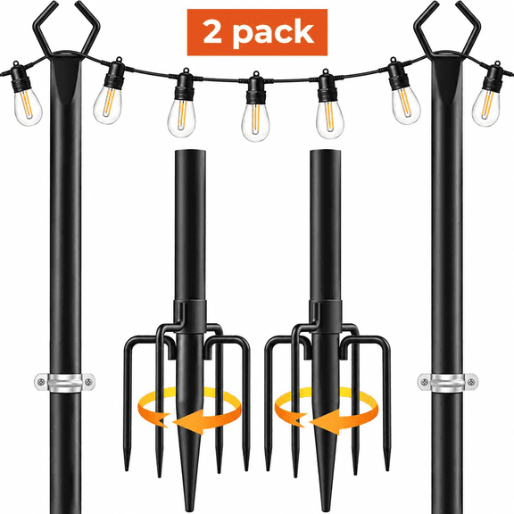Pinshey 2 Pack String Light Poles for Outside, Metal Outdoor String Light Poles for Hanging Lights, Light Pole for Backyard, Patio, Deck, Garden, Parties, Ground & Fence Mounting