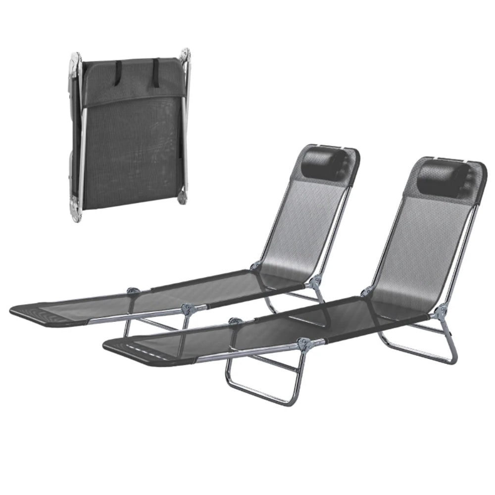 2-Pack Outdoor Tanning Sun Lounger 5-Position Adjustable Backrest Breathable Mesh Folding Pool Lounge Chair with Head Pillow for Patio Beach Poolside