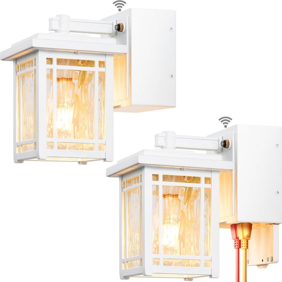 2-Pack Outdoor Wall Light with GFCI Outlet, White Dusk to Dawn Exterior Light Fixture Wall Lantern, Waterproof Front Porch Lights Wall Mount, Modern Outdoor Coach Lights with Water Ripple Glass