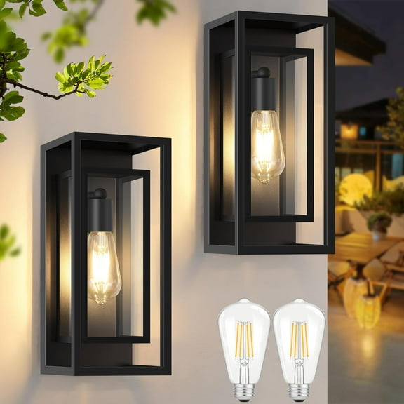 2-Pack Outdoor Wall Lights Exterior Waterproof Wall Sconces with Glass Shades Matte Black Porch Lights Wall Mounted Anti-Rust E26 Modern Wall Lighting Fixtures for Patio Garage Entryway Front Door