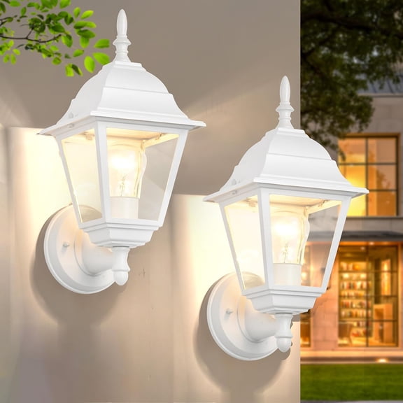 Outdoor Wall Light Fixture White, Waterproof Exterior Wall Sconce, E26 Base Hardwired, Die-Cast Aluminum & Glass, for Porch Garage Entryway