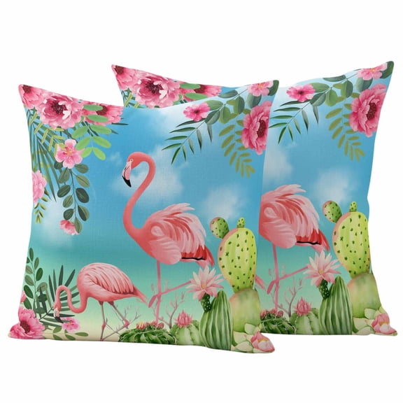 2 Pack Outdoor Waterproof Throw Pillow Covers,Summer Watercolor Flamingo Plants Decorative Square Pillow Case Patio Pillowcases for Chair Couch Sofa 16x16in