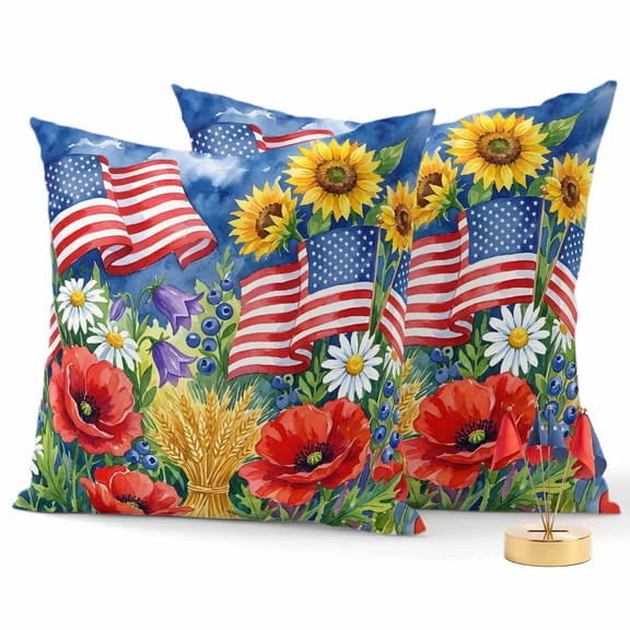 2 Pack Outdoor Waterproof Throw Pillows,4th of July Flag Poppy Flower Decorative Square Pillow Case Patio Pillows for Chair Couch Sofa 16x16in