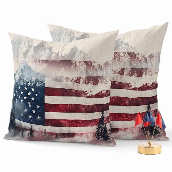 2 Pack Outdoor Waterproof Throw Pillows,4th of July USA Flag Mountain Decorative Square Pillow Case Patio Pillows for Chair Couch Sofa 16x16in