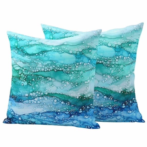 2 Pack Outdoor Waterproof Throw Pillow Covers,Abstract Marble Ombre Blue Ocean Wave Decorative Square Pillow Case Patio Pillowcases for Chair Couch Sofa 16x16in