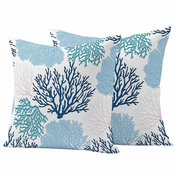 2 Pack Outdoor Waterproof Throw Pillow Covers,Classic Sea Blue Coral Decorative Square Pillow Case Patio Pillowcases for Chair Couch Sofa 16x16in