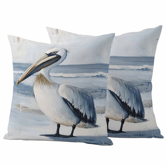 2 Pack Outdoor Waterproof Throw Pillows, Coastal Beach White Pelican Decorative Square Pillow Case Patio Pillows for Chair Couch Sofa 16x16in