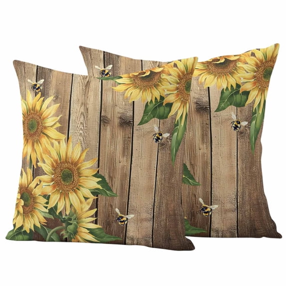 2 Pack Outdoor Waterproof Throw Pillow Covers,Farm Sunflower Leaves Bee Decorative Square Pillow Case Patio Pillowcases for Chair Couch Sofa 16x16in