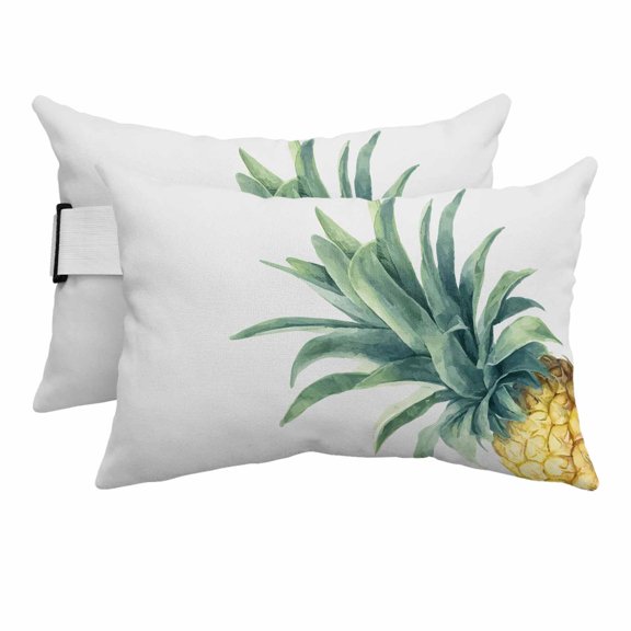 2 Pack Outdoor Waterproof Throw Pillows for Head,Summer Farm Watercolor Pineapple Cushion Cases with Insert&Straps Neck Pillows for Patio Recliner Chair,Tropical Fruits
