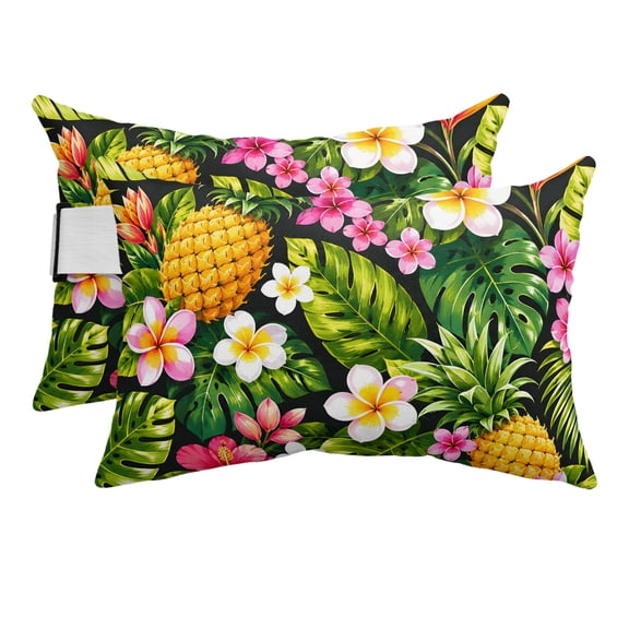 2 Pack Outdoor Waterproof Throw Pillows for Head,Summer Tropical Frangipani Pineapples Cushion Cases with Insert&Straps Neck Pillows for Patio Recliner Chair,Monstera Foliage